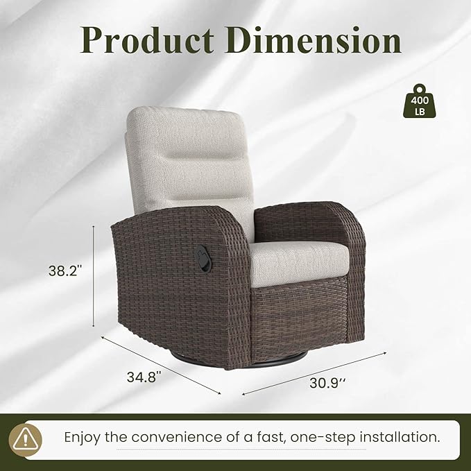 LayinSun Oversized Wicker Outdoor Swivel Glider Recliner with Adjustable Backrest & Footrest, Patio Reclining Lounge Chair - Set of 2 LayinSun