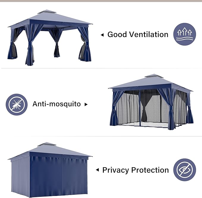LAUSAINT HOME Semi-Permanent Outdoor Patio Gazebo 12'x12', Heavy Duty Party Tent Shelter with Double Roofs, Mosquito Nettings and Privacy Screens for Backyard, Garden, Lawn, Navy Blue LAUSAINTHOME