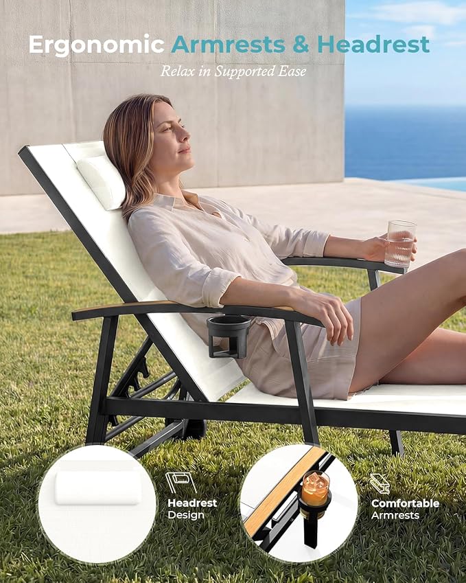 Ciokea Outdoor Lounge Chair with Pillow, 5-Position Aluminum Chaise Lounge with Wheels & Armrests, 400 lbs Heavy Duty Patio Pool Chair for Deck, Backyard, Beach & Poolside, White CIOKEA