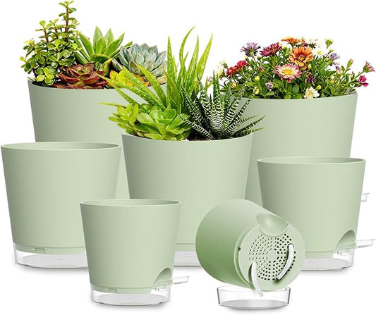 Plant Pots 4/5/5.5/6/6.5/7/8 Inch Self Watering Pots, 7 Pack Plastic Planters with Drainage Holes and Clear Saucers,Plastic Flower Pots,Nursery Planting Pot for Indoor Out Door Plants (Green) SQKH