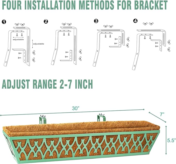 6 Pack 30 Inch Window Boxes Planters Railing Planter Box with Adjustable Brackets for Porch Fence Patio Balcony Hanging Flower Baskets with Coco Liners for Outdoor Garden Decor - Green KarlliuHOMEGARDEN