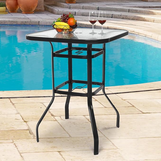 VINGLI Outdoor Bar Table with Umbrella Hole, Modern Black Metal Patio Bar Table, High Top Table for Outdoor Relaxation and Home Entertaining (Black, 31.5'x31.5'x40.3') VINGLI