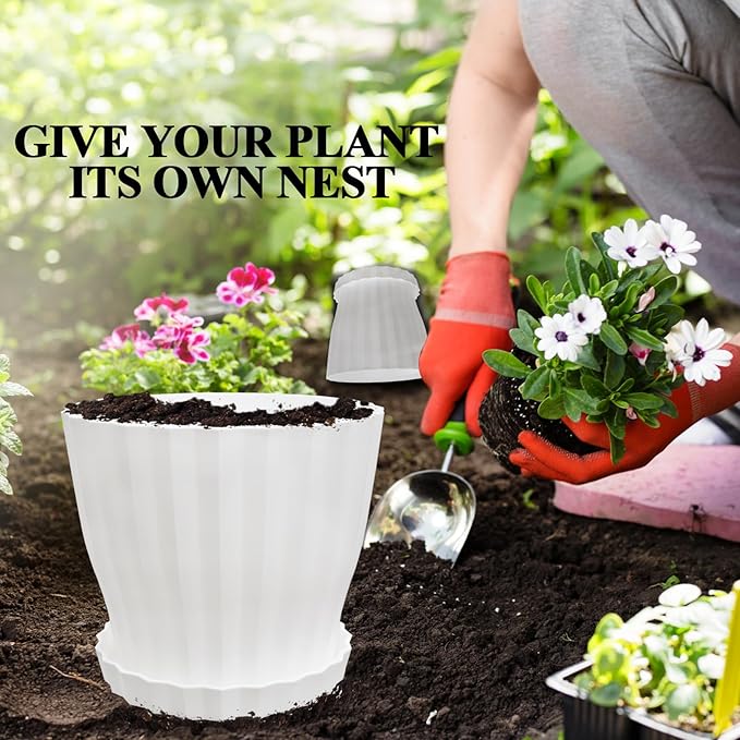 Flower Pots Outdoor Clearance 6 inch Set of 5 Succulent Planters for Indoor Plants Garden Home Holiday, Plastic Nursery Pots for Plants with Drainage Holes and Saucer, Modern Plant Pot White KAHEAUM