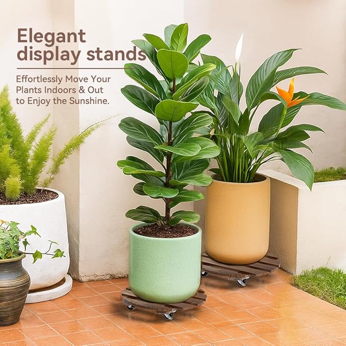 2 Pack Plant Stand Indoor and Outdoor, 12IN Premium Wooden Plant Caddy with Wheels, Heavy Duty Plant Stands with 360° Lockable Wheels, Classic Plant Cart Rootora