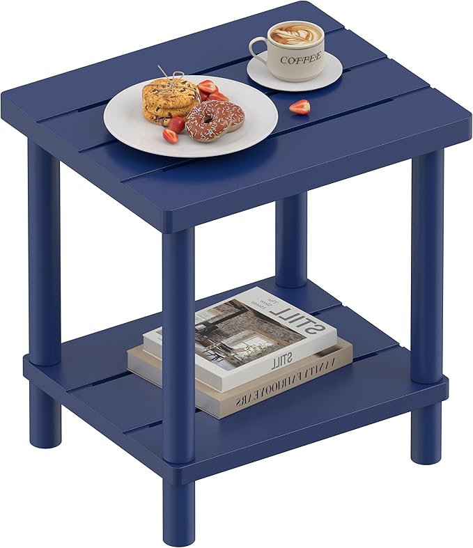 Outdoor Side Table, 2-Tier Small Outdoor Table for Patio, Adirondack Side Tables for Outside or Indoor, Bamboo End Table for Pool, Porch, Weather Resistant Easy Maintenance-Dark Blue LEJANEOYE