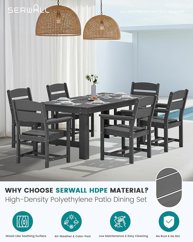 SERWALL Outdoor Dining Table Set, 67‘’ HDPE Patio Dining Set for 4, All-Weather Outdoor Table and Chairs Set for Deck, Grey SERWALL