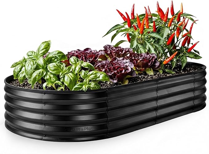 Plant & Plot Galvanized Raised Garden Beds Outdoor // 6×3×1 ft Planter Raised Beds for Gardening, Vegetables, Flowers // Large Metal Garden Box // Patented Tool-Free Design (Black) PlantPlot