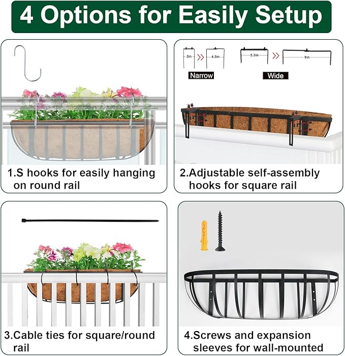 DUNCHATY Railing Planter Window Box - 2 Pack 24" Horse Trough Planter with Coco Fiber Liner - Deck Balcony Rail Planter for Porch Fence Patio Outdoor DUNCHATY