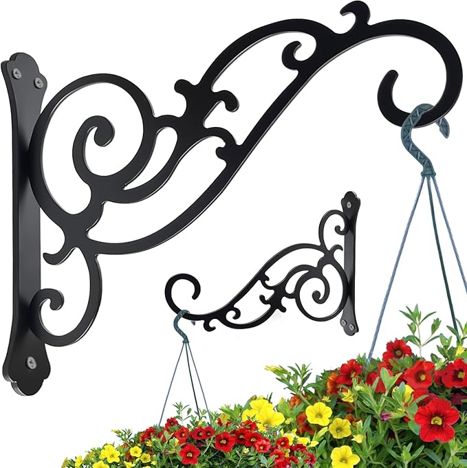 Hanging Planter Hooks 8-Inch 2 Pcs,Outdoor Hanging Brackets Wall Hook Heavy Duty Brackets,Black Iron Planters Hook Indoor/Outdoor Planter Hanger Brackets HCDHAKN