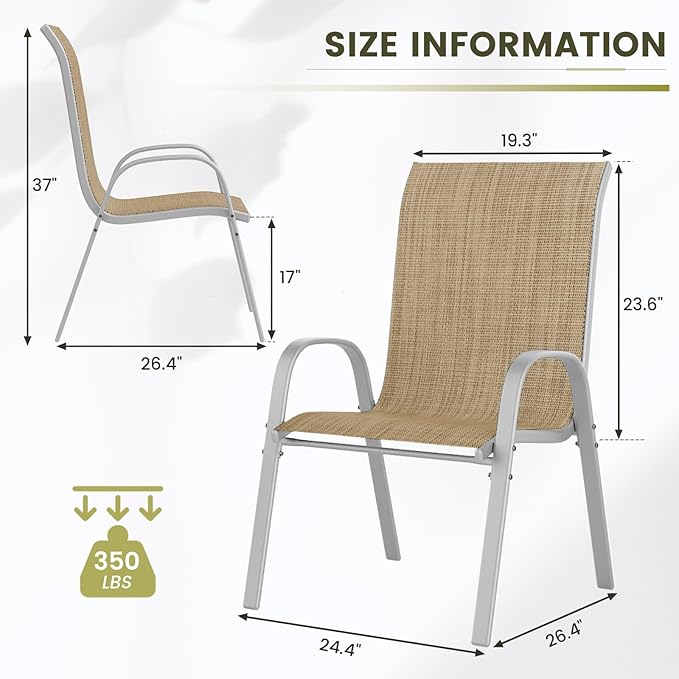 UDPATIO Patio Chairs Set of 4, Stackable Silver Outdoor Dining Chairs with High Back, Breathable Outdoor Chair Textilene Fabric All Weather, 350LBS Capacity for Garden, Backyard (Beige) UDPATIO
