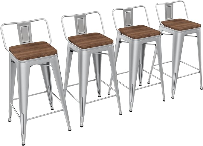 Yongchuang 30 inch Bar Stools Set of 4 Bar Height Metal Barstools with Wood Seat Low Back Kitchen Bar Chairs Silver YongchuangInternational