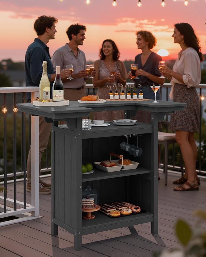 SERWALL Outdoor Bar Table,Patio Bar Cabinet with 4-Tier Storage and Spacious Tabletop for Outside,Poolside, Backyard,Made of HDPE,Gray SERWALL