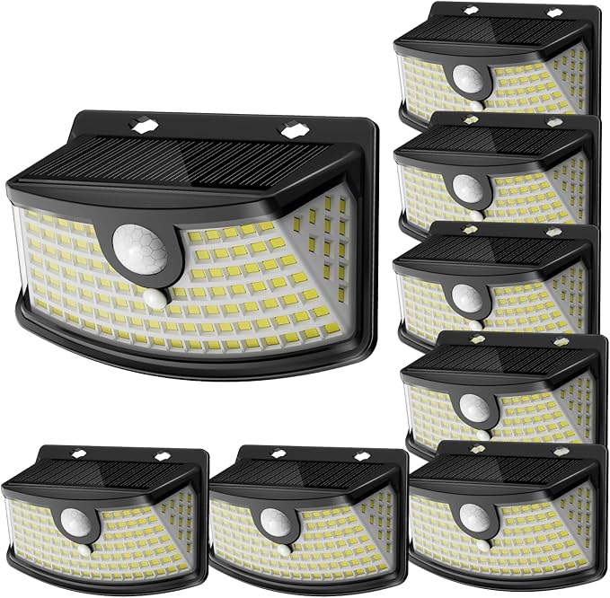 Aootek New Solar Motion Sensor Lights 120 LEDs with Lights Reflector,270° Wide Angle, IP65 Waterproof, Step Lights for Front Door, Yard, Garage, Deck (Black, Daylight White, 8-Pack) Lightupeveryconer