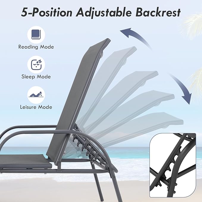 Giantex 2 Pack Patio Lounge Chair, Outdoor Chaise Lounge with 5 Adjustable Backrest, Sturdy Steel Frame, Sunbathing Recliner, Tanning Chair for Beach, Outside, Yard, Balcony, Pool Chairs (2,Dark Gray) Giantex