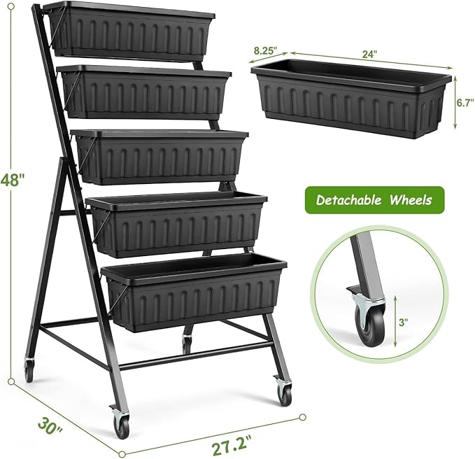 SEJOV 4FT Vertical Raised Garden Bed, 5-Tier Vertical Garden Planter with Drainage System, Larger Elevated Planter Box for Herb Vegetables Flowers Indoor Outdoor Planters (Black with Lockable Wheels) SEJOV