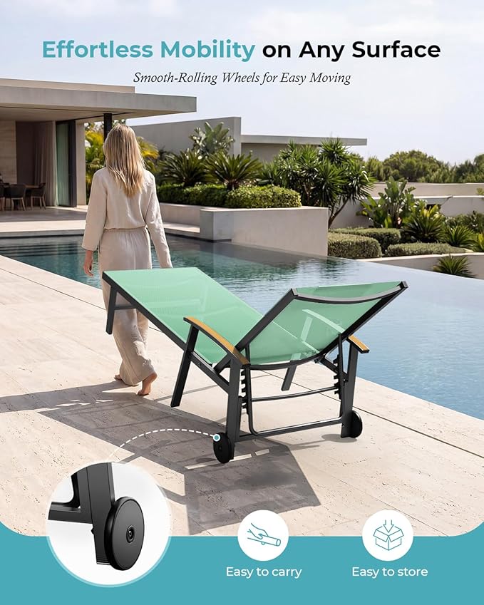 Ciokea Outdoor Lounge Chair with Pillow Set of 4, 5-Position Chaise Lounge with Wheels & Armrests, 400 lbs Heavy Duty Aluminum Pool Lounge Chairs, for Beach, Deck, Poolside & Backyard, Light Green CIOKEA