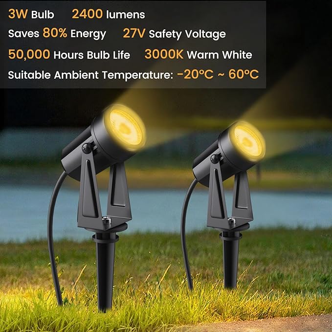 Low Voltage Landscape Lighting,8 Pack Outdoor LED Landscape Spotlights with Transformer 27V Garden Lights Pathway Lights IP65 Waterproof 3000K Warm White Pogestrand