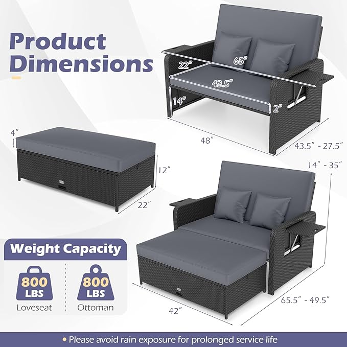 Tangkula Patio Rattan Daybed with 4-Level Adjustable Backrest, Outdoor PE Wicker Loveseat with Storage Ottoman & Folding Side Tray, Double Sunbed Lounger for Balcony, Backyard & Poolside (Grey) TANGKULA