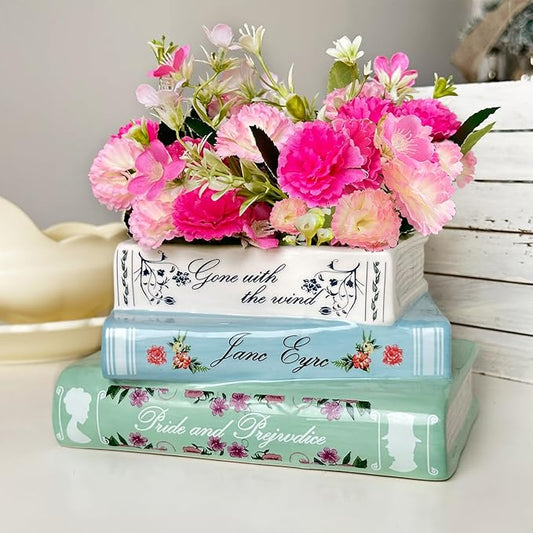 Small Book-Shaped Decorative Planter - Ceramic Vase for Flowers - Cute Bookshelf Home Bedroom Office Decor - Unique Classic Titles Bookstack Housewarming Gifts for Book Lovers Scuyari