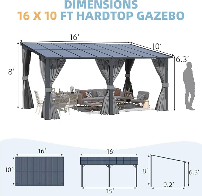 AECOJOY 16' x 10' Gazebo Outdoor Pergola for Patio with Curtains and Netting, Large Wall-Mounted Hardtop 10x16 Lean to Metal Gazebo Shelter Pergolas and Gazebos Clearance with Patio Roof AECOJOY