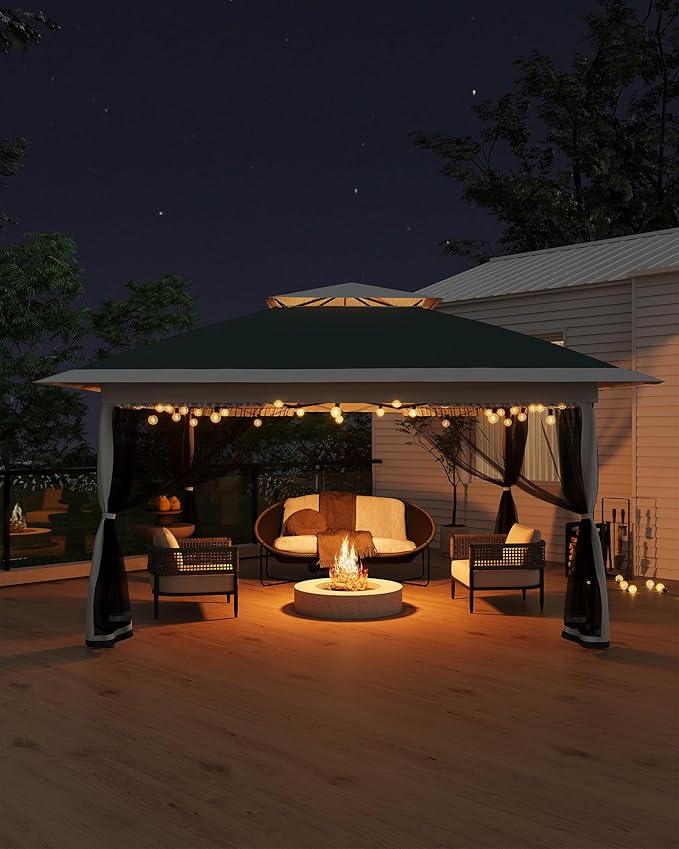 Canopy Tent 13x13 ft, Pop Up Gazebo One-Push Setup with 4 SandBags for Backyard Parties and BBQs, Mosquito Netting & Height Adjustable - Green GarveeLife