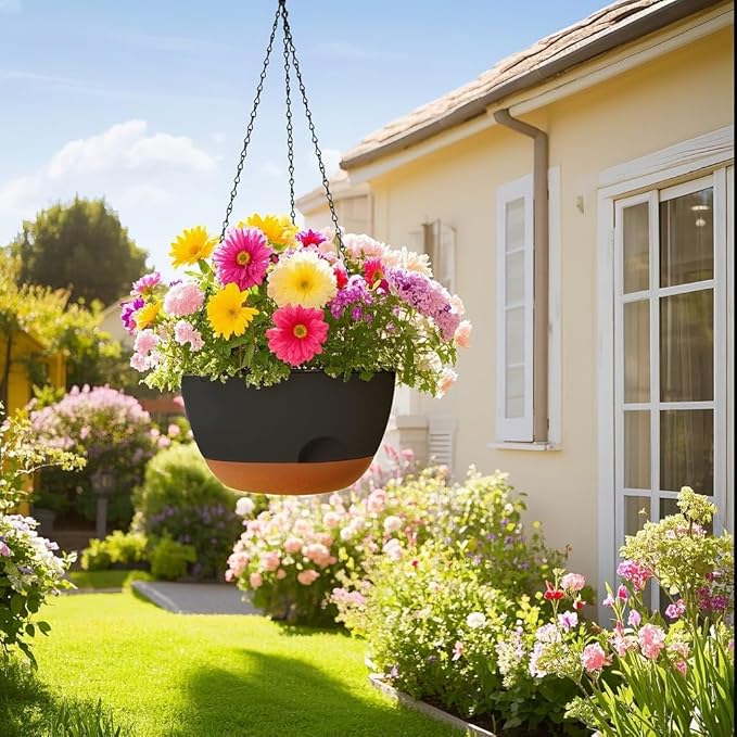 Set of 2-12 Inch Hanging Planter, Self-Watering Hanging Planters for Indoor Plants & Outdoor, Plant Hanger Indoor, Hanging Plant Pot with Drainage (Black) LesOasis