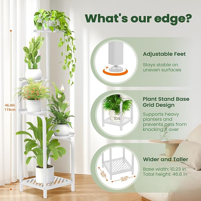 TOSKING 5 Tier Tall Plant Stand Indoor Outdoor, Heavy Duty Corner Shelf for Plants & Decor, Space Saving 3.9FT Metal Flower Pot Stand for Balcony, Garden, Living Room, Patio (White, 47in) TOSKINGESSENCE