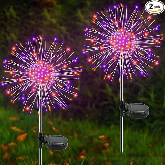 Solar Garden Lights Outdoor, 2 Pack 120 LED Twinkling Firework Lights Decorative with 2 Modes, Outdoor Waterproof Solar Starburst Light for Outside Yard Pathway Garden Decor, Purple + Orange Yaafen