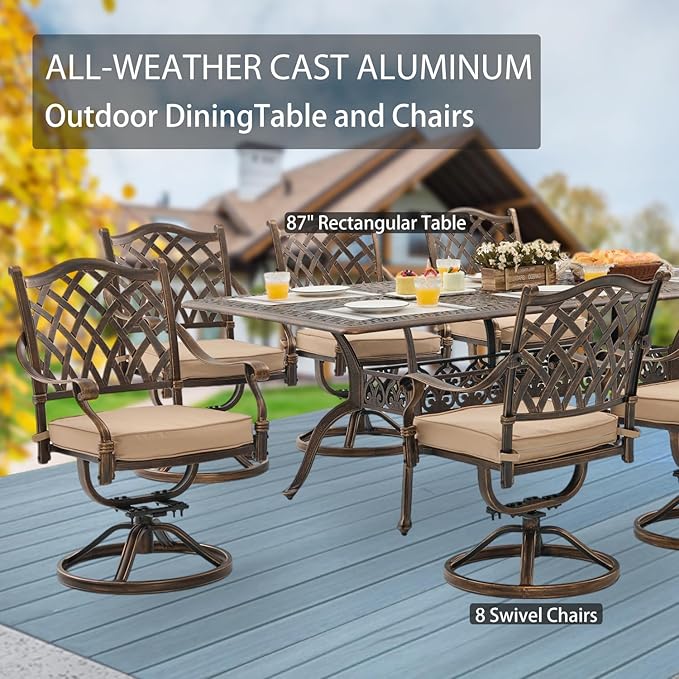 9-Piece Cast Aluminum Patio Furniture, Outdoor Dining Sets for 8 Include 87" Rectangular Patio Dining Table and 8 Swivel Chairs with Cushions & Umbrella Hole(Bronze) Rootora