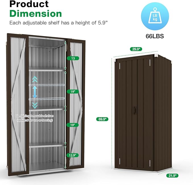 AECOJOY Outdoor Storage Cabinet Waterproof with Adjustable Shelves, Vertical Tall Garden Outdoor Cabinet, Sheds & Outdoor Storage Clearance Cabinet Weatherproof for Outside in Brown AECOJOY
