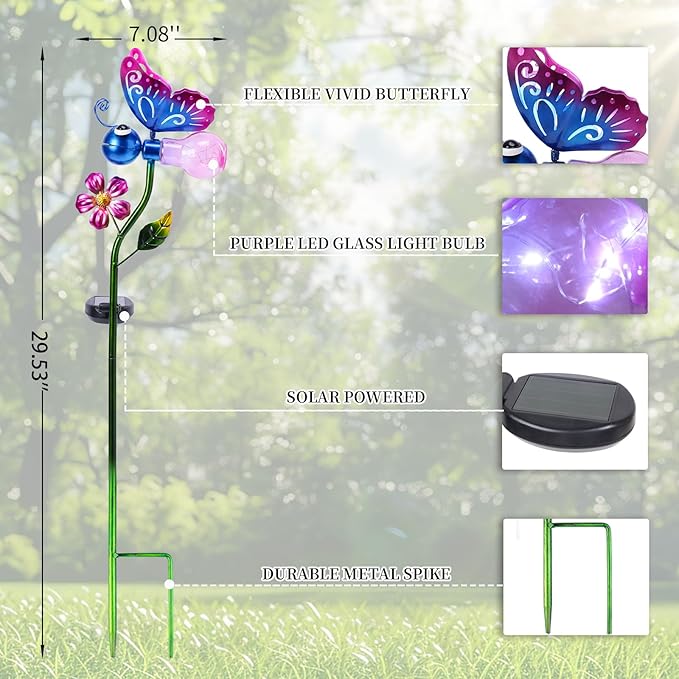 VCUTEKA Solar Garden Lights Metal Flower Decor Colorful Solar Pathway Light with LED Cracked Crystal Ball Outdoor Decorative Stake for Patio Yard Lawn Garden Decor (Purple) VCUTEKA
