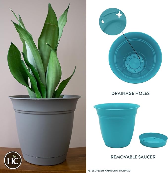 The HC Companies 12 Inch Eclipse Round Planter Pots with Drainage Holes & Attached Saucer, Lightweight UV-Resistant Plastic Indoor & Outdoor Planters, 6-Pack Flower Pots for Garden & Home Decor, Teal TheHCCompanies