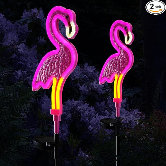 Flamingo Solar Lights Outdoor Decor, Solar Pink Flamingos Outdoor for Yard Decorations,Pink Neon Solar Flamingo Garden Lights for Outside,Pathways,Patio or Lawn Decor(2Pack) Rootora