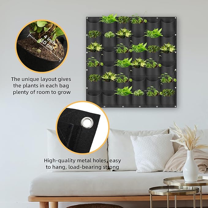 Hanging Planting Grow Bags, 36 Pockets Hanging Vertical Wall Planter Wall Mounted Grow Bag Outdoor Indoor Gardening Vertical Greening Flower Container, Planting Bags Storage Bags(1.0 m × 1.0 m, Black) LITLANDSTAR