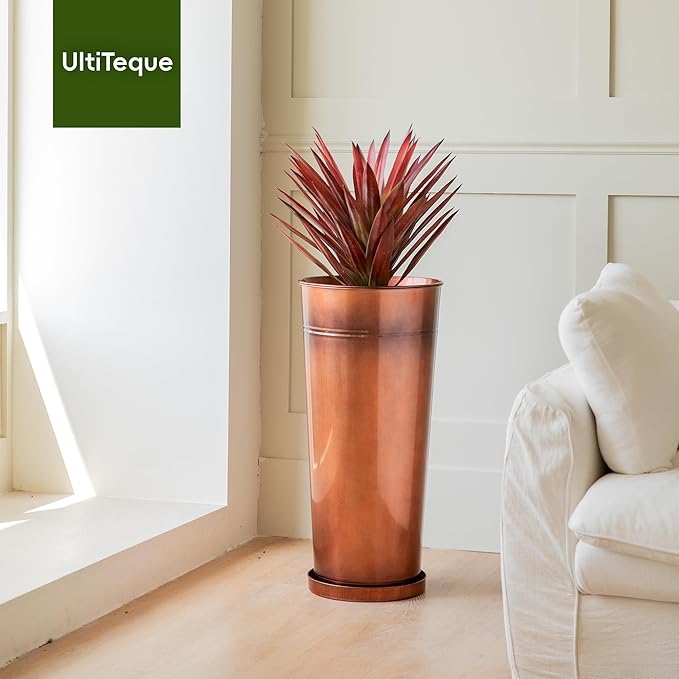 28in Tall Copper Planters Set of 2,Galvanized Steel Tall Outdoor Planter for Indoor/porches- Copper Color(2planters,2inner pots with Holes,2trays) Ultiteque