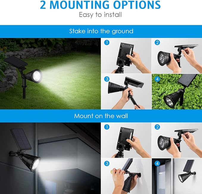 AMIR Solar Spotlights Outdoor Upgraded, Waterproof 1 Pack Security Landscape Lights 4 LED, Adjustable Solar Garden Light with Auto On/Off for Yard Driveway Pathway Pool Patio (White) AMIR