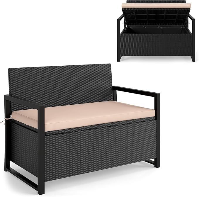 RELAX4LIFE Wicker Outdoor Bench with Storage - Rattan Deck Box w/Protective Liner for Pillows, Pool Supplies, Garden Tools, Patio Loveseat with Seat Cushion & Metal Armrests for Backyard Porch Balcony RELAX4LIFE