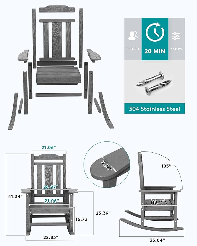 SERWALL Oversized Rocking Chair Outdoor, HDPE Outdoor Rocking Chair, Grey SERWALL