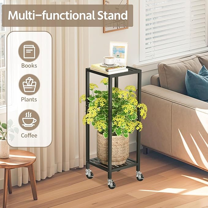 LASZOLA 2 Tier Black Metal Plant Stand Indoor Outdoor with Wheel for Large Planter, Modern Heavy Duty Tall Rolling Rack for Corner House Bathroom Patio Floor, Iron Flower Shelf Holder for Orchid Fern LASZOLA