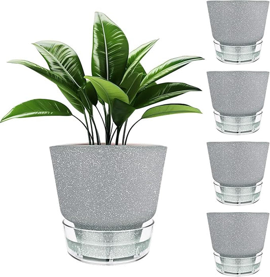 Plant Pots - 6" Orchid Pot, 5 Pack Orchid Pots with Holes - Self Watering Pots for Indoor Plants - Plant Pots with Drainage Hole and Tray Saucer (Frosted Gray) HYNZ