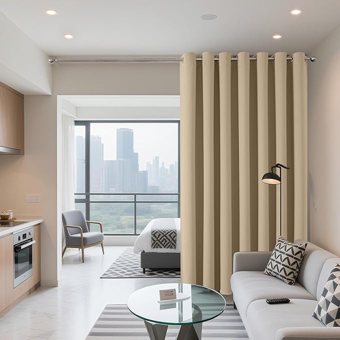 Joydeco Blackout Patio Sliding Door Curtains 84 Inches Long, Grommet Privacy Room Divider Curtains, Extra Wide Thermal Blackout Drapes for Bedroom Living Room (Light Beige, 70Wx84L, 1 Panel) JOYDECO