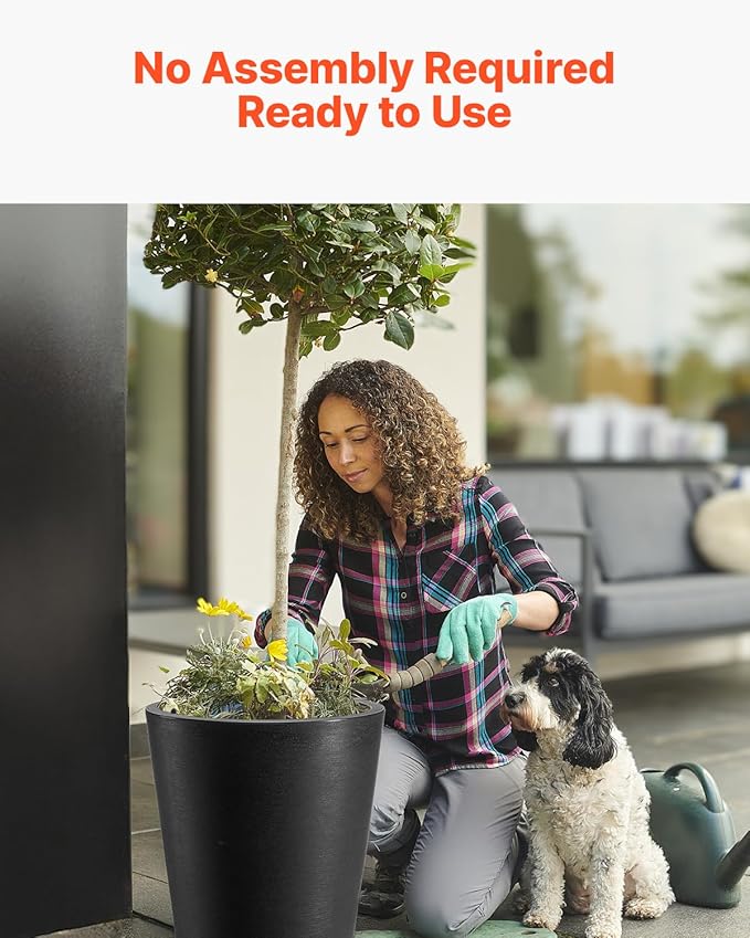 VEVOR Set of 2 Tall Planter for Outdoor Indoor Plants 24inch, Black Round Large Planters for Front Porch, Patio, Tall Taper Flower Tree Plant Pots with Modern Design and Built-in Drainage VEVOR