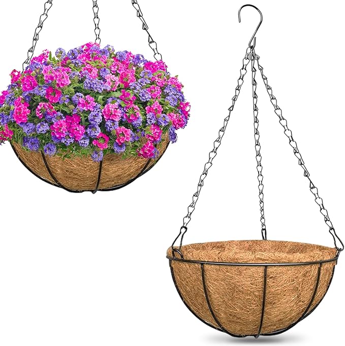 ZeeDix 2 Pack 14 Inch Metal Hanging Baskets for Plants Outdoor, Wire Round Planters with Coco Coir Liner, Hanging Flower Baskets for Home Garden Porch Balcony Railings Decor ZeeDix