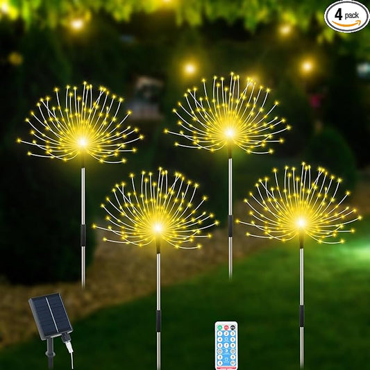 Solar Garden Lights Outdoor Waterproof, 4 Pack Total 480 LED Solar Firework Lights Decorative with 8 Lighting Modes Outside for Yard Pathway Flowerbed Decor, Warm White Slyuexu