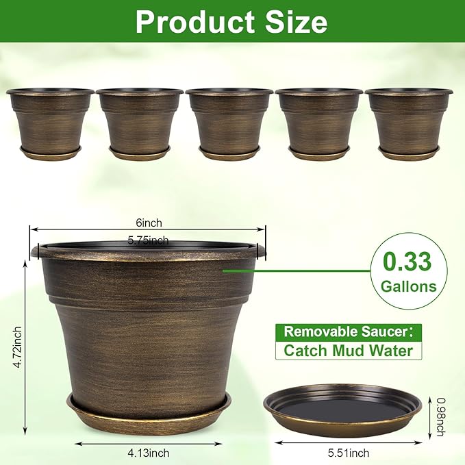 Plant Planters Pots Set of 6 Pack 6 Inch, Plastic Flower Pot For Indoor Plants With Drainage Holes & Trays, Resin Decorative Container Sets With Saucer For House Outdoor Garden Planters Dark Gold Fodetyff