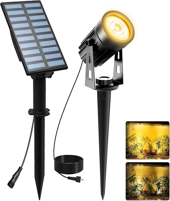 T-SUNUS Christmas Solar Landscape Spotlights Warm White 3000K Metal Lights, Garden Spot Light IP65 Waterproof 9.8ft Cable, 2000mAh Separated Panel, Auto On/Off for Halloween Tree Flag Driveway Pathway T-SUNUSLighting