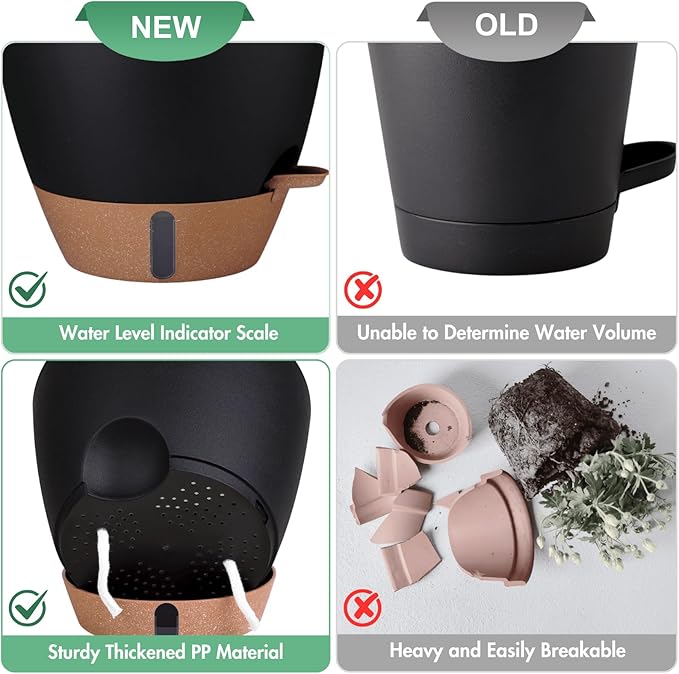 2 Pack 10 inch Plant Pots, PP Plastic Self Watering Plant Pot with Drainage and Tray for Indoor Outdoor Plants , Water Level Window & Reservoir Flower Pots Decorative Planter (Black, 10 Inch) Montresor