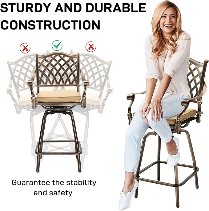 VINGLI Outdoor Swivel Bar Stools Set of 2, Cast Aluminum All-Weather Patio Bar Height Chairs, Patio Bar Dining Chairs Outdoor Swivel Patio Furniture (Grid Back) VINGLI