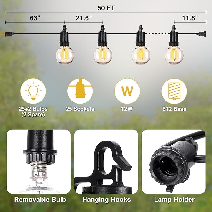 ZJOJO 50FT Outdoor String Lights, G40 Globe Outdoor Lights with 25 Shatterproof LED Bulbs 2700K,IP65 Waterproof Patio Light ZJOJO