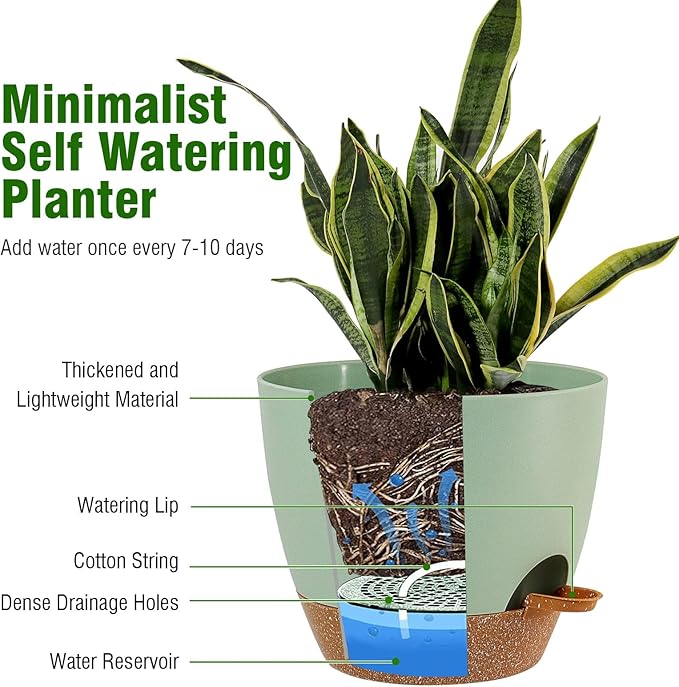 10/9/8 inch Self Watering Pots, Set of 3 Plastic Planters with Mesh Drainage Holes and Deep Reservoir for Indoor Outdoor Garden Plants and Flowers, Green with Brown UOUZ